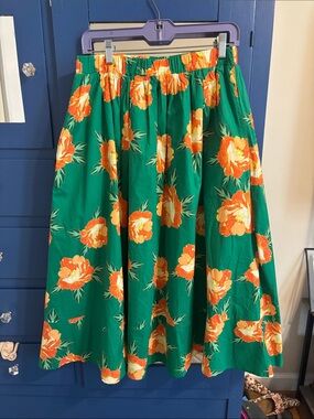 CeCe Green Floral Midi Skirt with Orange Blooms - size Small - Pockets!